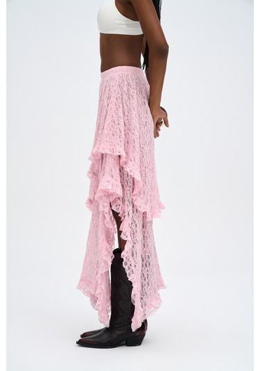 Mireya Asimetrik Pembe Dantel Etek Pembe