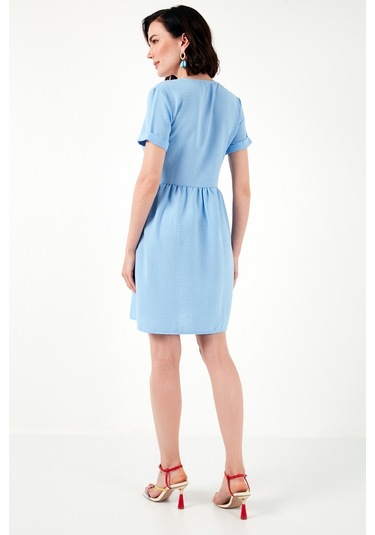 Lela Cepli Önü Düğmeli Kısa Kollu V Yaka Regular Fit Bayan Elbise 611El222 Bebe Mavi