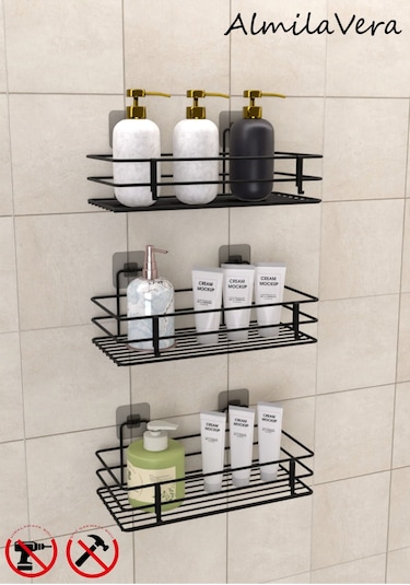 Güçlü Yapışkanlı Kancalı 3 Adet 3 Katlı Banyo Mutfak Düzenleyici Rafı Mat Siyah Renkli