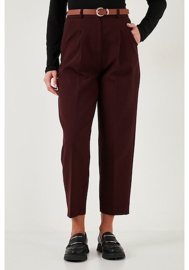 Lela Regular Fit Yüksek Bel Düz Paça Kemerli Bayan Pantolon 68350938 Mürdüm