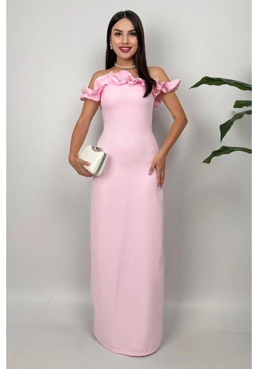 Arlina Madonna Yaka Göğüs Büzgülü Uzun Pembe Abiye Elbise Pembe