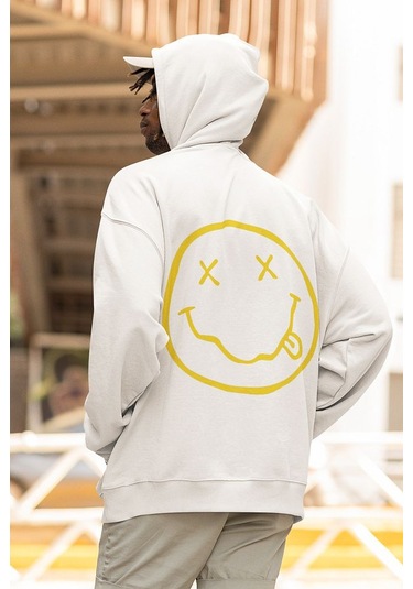 Sevbano Nirvana Yazılı Unisex Oversize Tasarım Hoodie Beyaz
