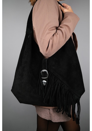 Rosalın Siyah Hakiki Süet Deri Püsküllü Kadın Omuz Çantası Siyah Süet Siyah