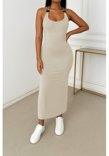 Kadın Yuvarlak Yaka Sırttan Çapraz Şerit Love Detaylı Yırtmaçlı Viskon Elbise Bej