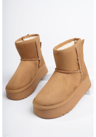 Muggo MİXS Garantili Kalın Taban İçi Tüylü Cırtlı Günlük Mini Çocuk Bot Taba