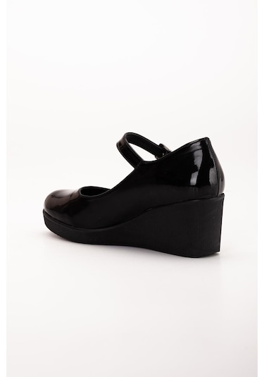 Baretli Suni Deri Siyah Rugan Kadın Dolgu Taban Ayakkabı-3105-sıyah