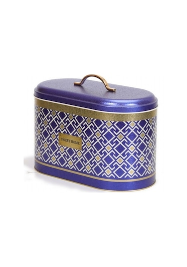 Turkish Blue Bread Box Desenli Oval Metal Ekmek Kutusu, 10.4 Lt Mavi