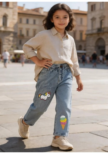 Kaizer Jeans Dondurma & Unicorn Baskılı Çocuk Pantolonu Buz Mavi
