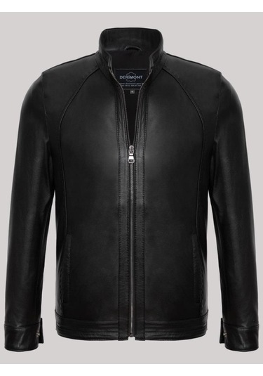 Hakiki Kuzu Derisi Siyah Erkek Deri Mont Düz Slim Fit Hakim Yaka Deri Ceket Siyah