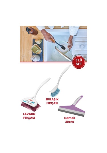 Flora 3 Lü Trendy Temizlik Seti, F367 Bulaşık Fırçası + F388 Lavabo Küvet Fırçası + F009 Camsil Seti