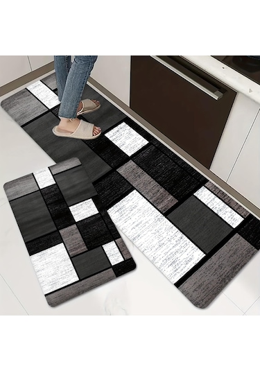 Lüks Siyah Ekose Mutfak Mat Yumuşak Kalınlaşmış Mutfak Zemin Mat Su Geçirmez Kaymaz Yağ Geçirmez Zemin Mat Koşucu Halı 50 x 80cm