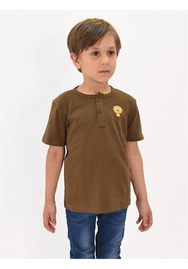 Luess Erkek Çocuk Nakış Detaylı Hakim Yaka Tshirt Kahverengi