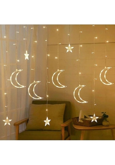Dekoratif 8 Fonksiyonlu Ay Yıldızlı Perde Led 12 Sarkıt Ip Led Ekstra Yıldızlı Gün Işığı