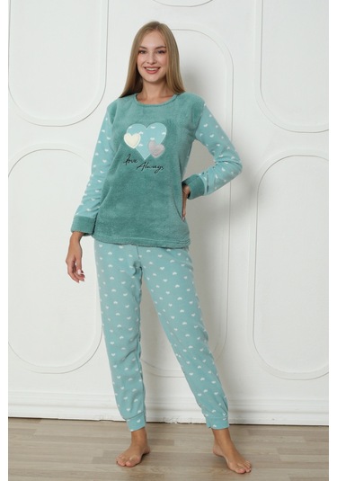 Fawn 3316 Peluş Welsoft Polar Kışlık Yumoş Kalpli Kadın Pijama Takımı Yeşil