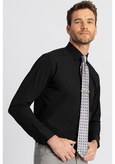 Tudors Klasik Fit Rahat Kesim Cotton Efekt Poplin Erkek Gömlek-22863 Siyah