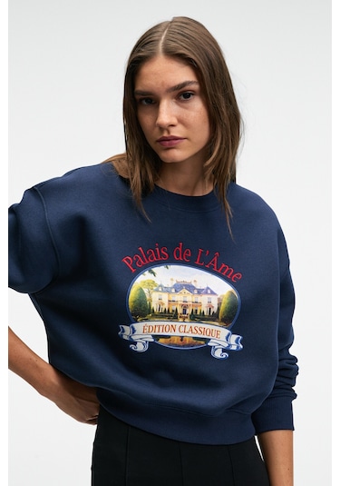 TALMERA Kadın Önü Baskılı Yuvarlak Yaka Lacivert Sweatshirt