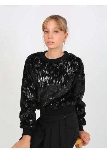 Kız Çocuk Peluş Işıltılı Kazak-14813 Siyah