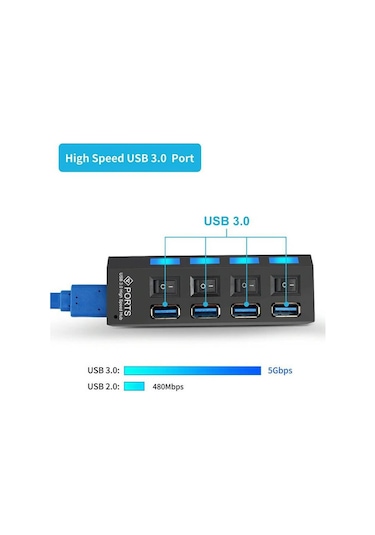 Usb 3.0 4 Port Çoklayıcı Hub Anahtarlı Işıklı On Off Chipli Model