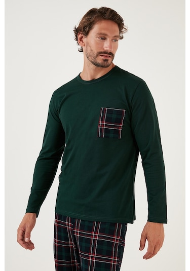 Buratti Ekoseli Cepli Beli Lastikli % 100 Pamuk Regular Fit Erkek Pijama Takımı 6572001 Yeşil