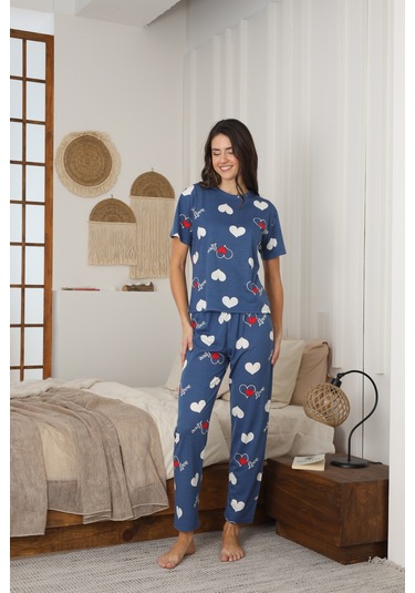 Kadın Yazlık Kısa Kol Penye Süprem Kumaş Pijama Takımı Mavi Kalpli