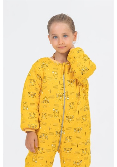 Kız Erkek Çocuk Kalın Elyaf Dolgulu Premium Kalite 2.5 Tog Desenli Uyku Tulumu Ekru - Sarı