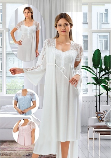 Duchesse 2008 Hamile Lohusa Sabahlıklı Gecelik Takım-ekru