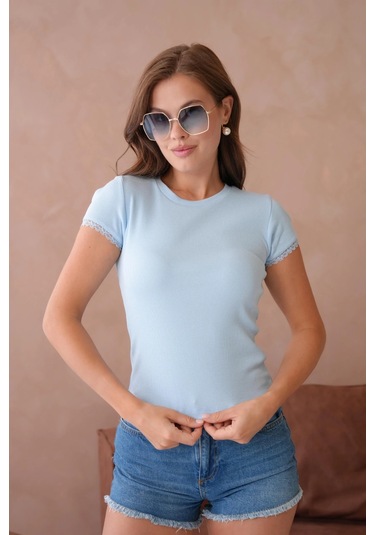 Dantel Detaylı Örme Body Bluz Mavi