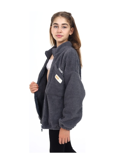 Toontoy Kız Çocuk Nakışlı Peluş Hırka Füme