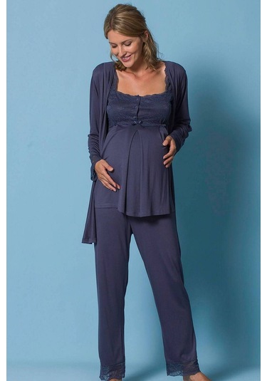Monamise 18211 Hamile Lohusa Sabahlıklı Pijama Takım - Lacivert