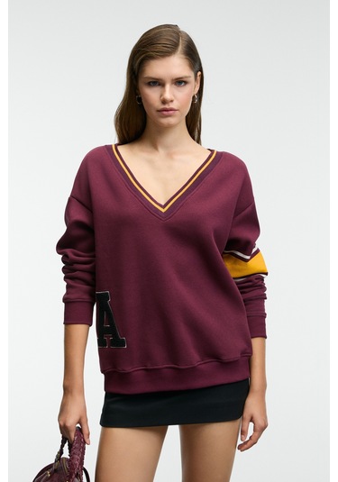 Grımelange Dıvıne Kadın V Yakalı Nakış Ve Patch Detaylı Bordo Sweatshirt Bordo