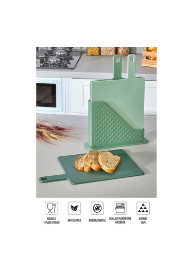 9'lu Mutfak Hazırlık Seti - Standlı Kulplu Kesme Tahtası Karıştırma Kabı Kase Süzgeç Limon Sıkacağı Yeşil