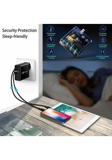 Novahub 48w 4 Portlu Hızlı Şarj Cihazı, Usb-c Pd 30w, Evrensel, Seyahat Dostu, Siyah, 100-240v Adaptör