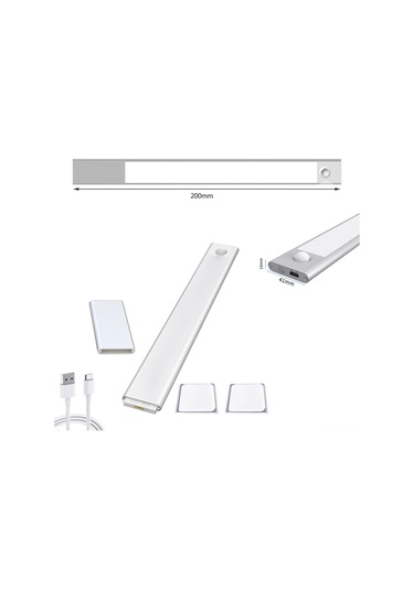 Dianziye 64 Led'li Pır Hareket Sensörlü Dolap Lambası - 3 Renk Tonu, Sürekli Aydınlatma Modu, 1500mah Şarj Edilebilir Batarya, Type-c, Manyetik Taban Gümüş