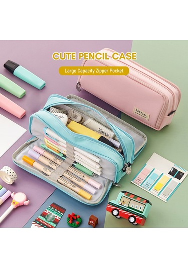 Aubyhe Genç Kızlar İçin Çok Fonksiyonlu Oxford Kumaş Kalem Çantası - 21x5x9cm Yeşil Renk İki Pencere Tasarımı Yeşil