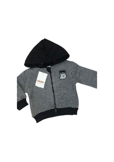 Erkek Bebek Kapüşonlu Kareli Fermuarlı Hırka-13476 Siyah