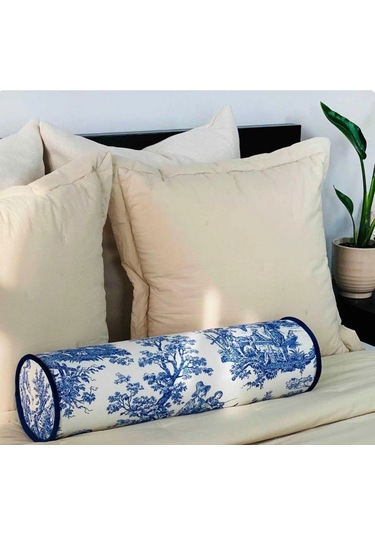 Mavi Fransız Köylüsü Keten Bolster Yastık. Silindir Rulo İc Dolgulu Fermuarlı Yastık Renkli