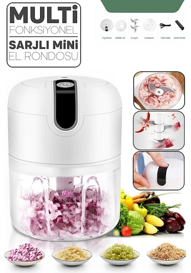 Şarjlı Mini El Rondosu Çelik 3 Bıçaklı 250 Ml Mutfak Robotu Hazneli Rondo Sebze Et Doğrayıcı Rende