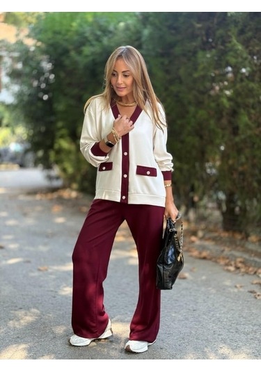 Kadın Uzun Kollu Ribanali Cep Detay Hırka Ve Bol Paça Pantolon Ikili Takım Bordo