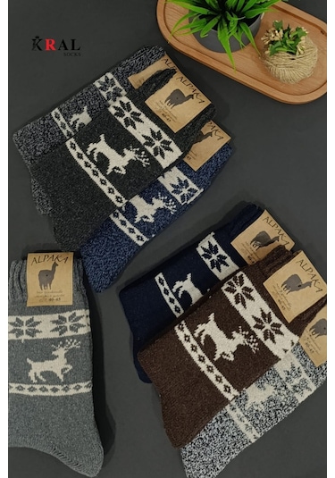 Unisex 3'lü Alpaka Yünlü Çorap Termal Kalın Yumuşak Kışlık Bot Çorabı Asorti
