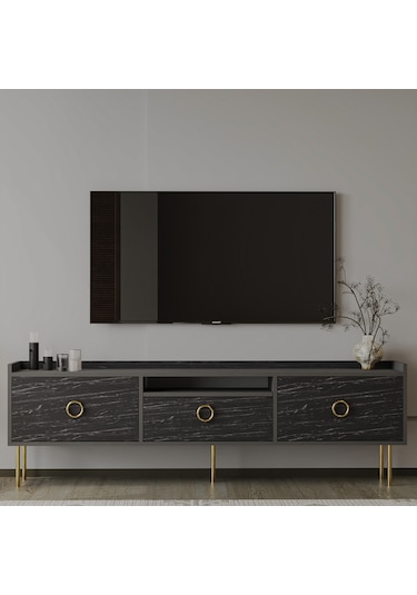 T0015 Lidya Kapaklı, Açık Raflı Tv Sehpası - Antrasit/siyah Mermer Antrasit/siyah Mermer