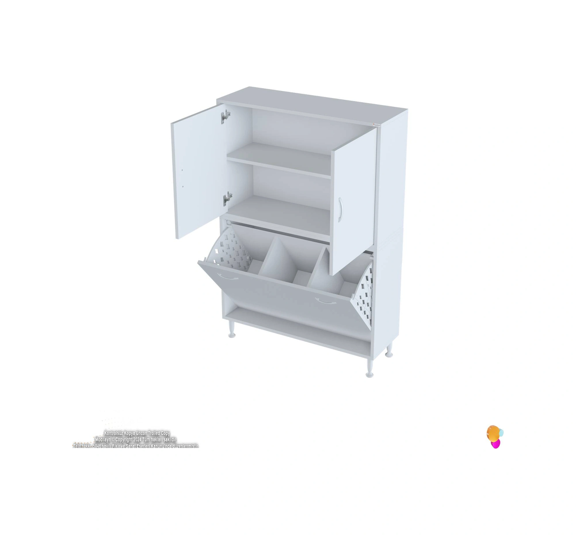 Esil Çok Amaçlı Dolap Kapak İçi Çift Raflı, Üç Akıllı Çamaşır Sepetli Dolap 90x138x32,5 Cm Beyaz