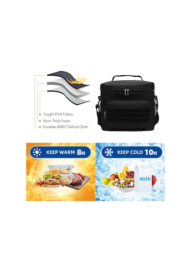 Skycity 15l Isı Yalıtımlı Yemek Çantası - Sulu Geçirmez Oxford Kumaş, Çıkarılabilir Askı Kayışı, Sıcak-sojuk Tutar, Siyah Siyah