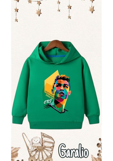 Cristiano Ronaldo Cr7 Baskılı Kapüşonlu Çocuk Sweatshirt Yeşil