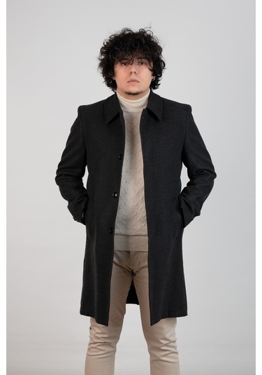 Yakalı Klasik Kesim Düğmeli Uzun Kaşe Erkek Kaban Antrasit