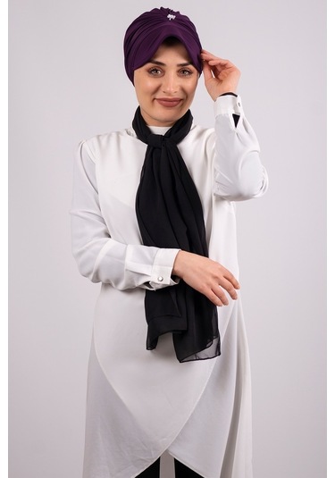 Mürdüm Pratik Hazır Geçmeli Tesettür Bone Viskon Kumaş Şapkalı Ak Mürdüm