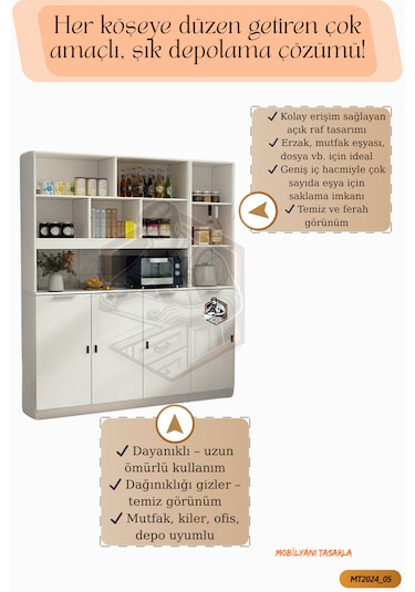 Tamamı Mdf Çok Amaçlı 4 Kapaklı Açık Raflı Kiler Dolabı Mutfak