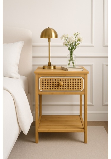 Rattan Kapaklı Bambu Yatak Başı Komodin 40 35 60 Cm Bej