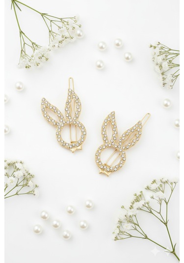 Tavşan Modelli Metal Toka, Metal Klipsli Tavşan Toka 2 Adet Altın