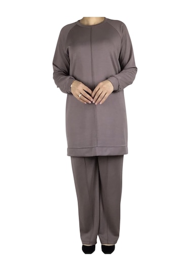 Kadın Tunik Önü Dikişli Altı Bantlı Pantolon Beli Lastikli Önü Dikişli İkili Takım Vizon