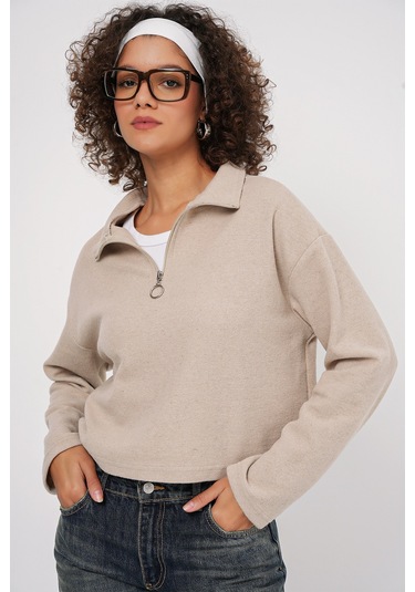 Bigdart 55449 Fermuarlı Yaka Örme Sweatshirt - Krem